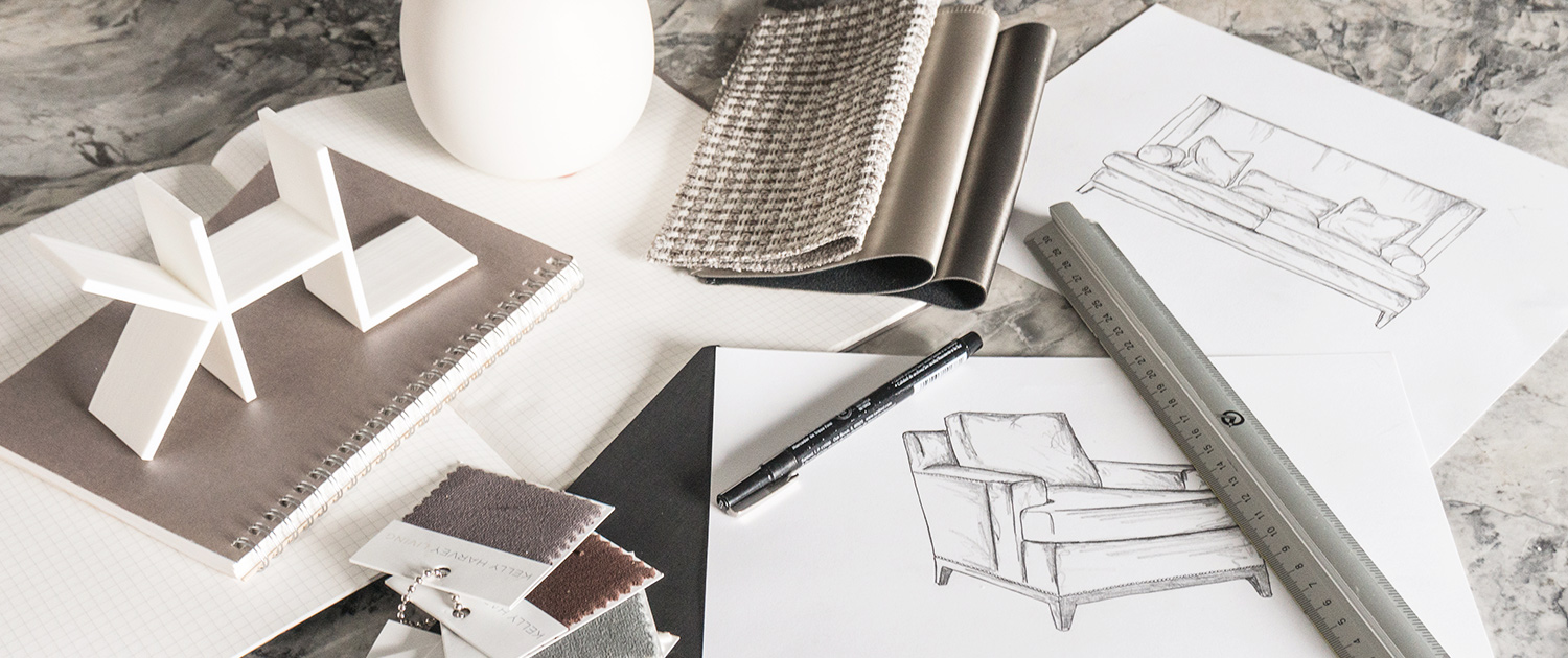furniture sketches and fabric swatches