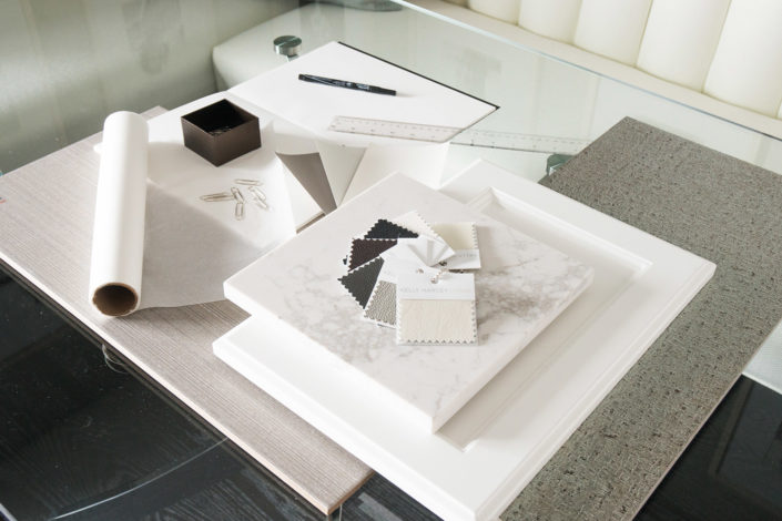 textile swatches, stone samples and cabinet examples